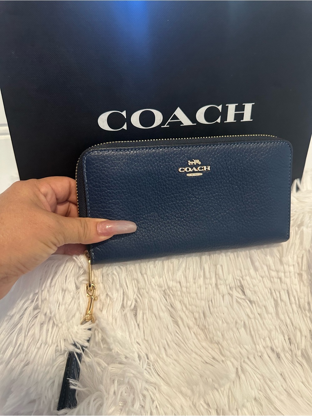 Coach Navy Pebbled Leather Zip Wallet with Gold Hardware and Tassel